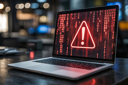 Laptop mit rotem Ausrufezeichen und senkrechten roten Kolonnen aus 1 und 0.
