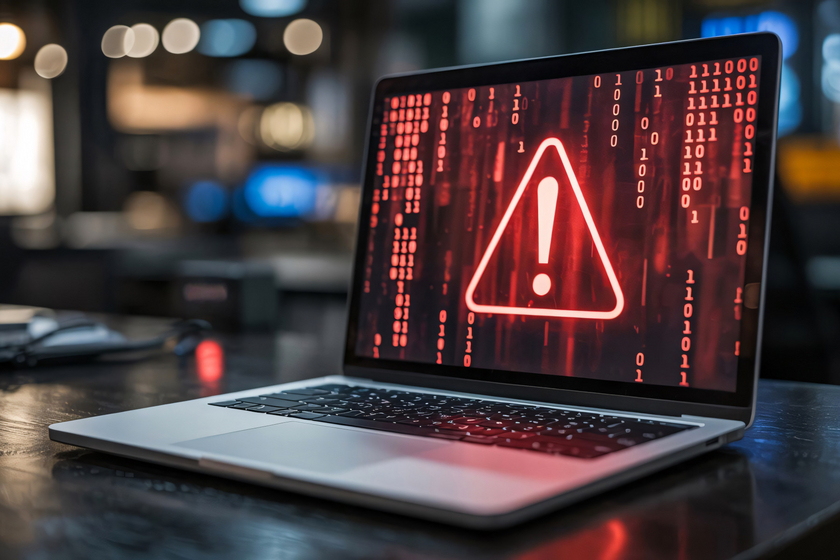 Laptop mit rotem Ausrufezeichen und senkrechten roten Kolonnen aus 1 und 0.