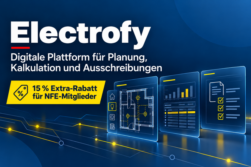 Grafik: Symbole für Grundriss, Kalkulation und Checkliste. darüber Schriftzug: "Electrofy - Digitale Plattform für Planung, Kalkulation und Ausschreibung"